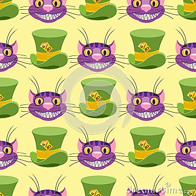 Cheshire cat and Hat. Seamless pattern can be used for wallpaper, pattern fills, web page background, surface textures Vector Illustration