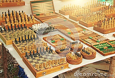 Chess and backgammon are sold in the bazaar market in India. Souvenir gift India. Anjuna, GOA Stock Photo