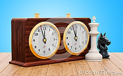 Chess clock with chess figures on the wooden table. 3D rendering Stock Photo