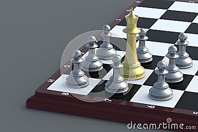 Chess figure king golden color and many silver color pawns Stock Photo