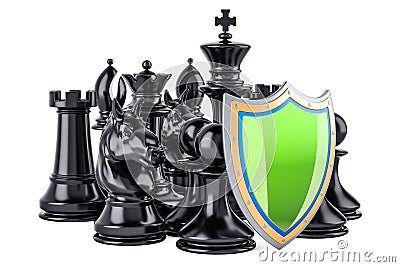 Chess figures with shield. Security and protect or insurance con Stock Photo