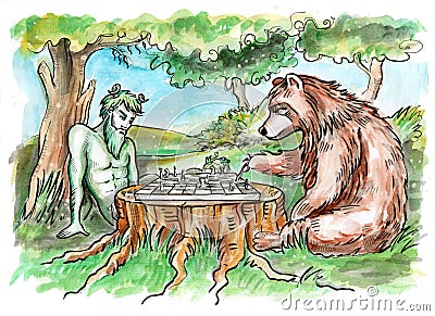 Chess game. The bear and centaur playing chess in the wood Cartoon Illustration