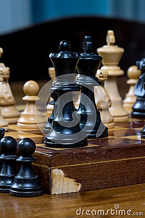 Chess game, close up of a black king and queen, other figures in the front Stock Photo