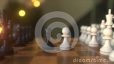 Chess game. The first two pawn moves. Chessboard close-up, realistic 3D rendering Stock Photo
