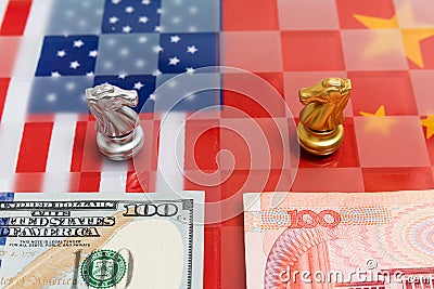 Chess game, A king stand confront the enemies on China and US national flags. Trade war concept. Conflict between two big Stock Photo