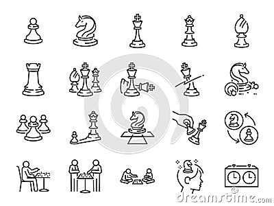 Chess game line icon set. Included the icons as strategy gambit checkmate board game and more. Stock Photo
