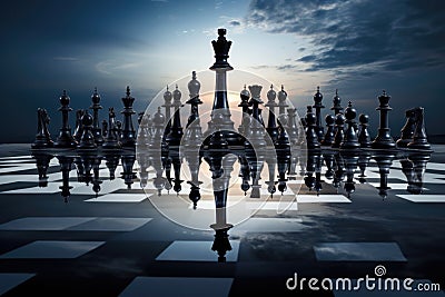 chess game on a reflective surface with a looming, supermoon background Stock Photo