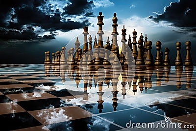 chess game on a reflective surface with a looming, supermoon background Stock Photo
