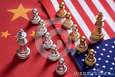 Chess game. Two team stand confront each other on China and USA national flags. Trade war concept Stock Photo