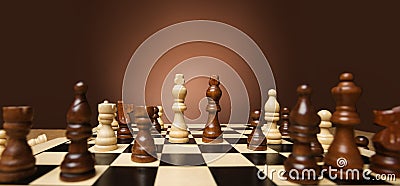 Chess Game. Wooden Chess Pieces on Board over Brown Studio Background. Strategy Planning Concept. Black and White King Stock Photo