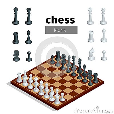 Chess icons. Flat 3d isometric vector illustration. White board with chess figures on it. Intelligent, strategic game. Cartoon Illustration