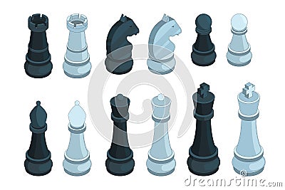 Chess isometric. Board game figures piece queen bishop strategy vector 3d pictures set isolated Vector Illustration