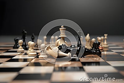 Chess king on chess board game with defeated chess figures. Success strategy concept. Generative AI Stock Photo