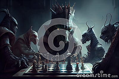 chess match in the nightmare world, with monsters and strange creatures as spectators Stock Photo