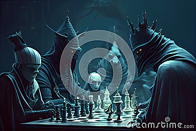 chess match in the nightmare world, with monsters and strange creatures as spectators Stock Photo