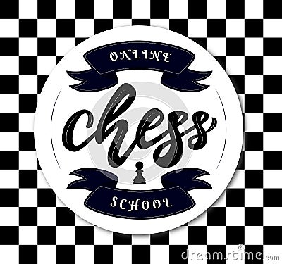 Chess online school on chessboard black and with ribbon, figure of pawn. Vector. Sport education concept. Leisure idea Vector Illustration