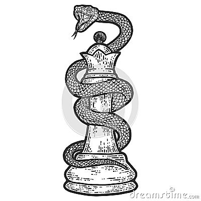 Chess piece queen entwined with a snake. Engraving vector illustration. Vector Illustration