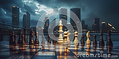 Chess pieces on the background of skyscrapers. Generative AI Stock Photo