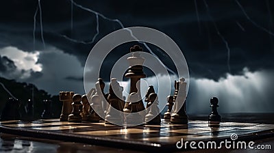Chess pieces on a chessboard against the backdrop of a stormy sky and flashing lightning. The game of chess Stock Photo