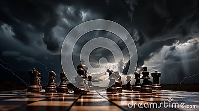 Chess pieces on a chessboard against the backdrop of a stormy sky and flashing lightning. The game of chess Stock Photo