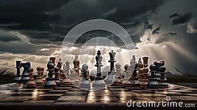 Chess pieces on a chessboard against the backdrop of a stormy sky and flashing lightning. The game of chess Stock Photo