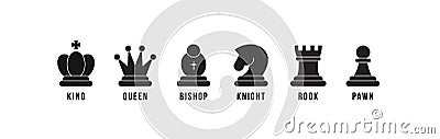 Chess pieces icon set. Included icon king, queen, bishop, knight, rook, pawn. Black silhouettes isolated on white Vector Illustration