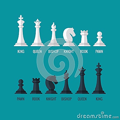 Chess pieces king queen bishop knight rook pawn flat vector icons set Vector Illustration