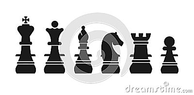 Chess pieces king queen bishop knight rook pawn silhouette isolated on white background. Vector Illustration