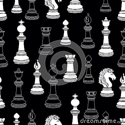 Chess pieces seamless pattern, chessmen flat black and white drawing, silhouette. Figures pawn, king, queen, bishop, knight, rook Vector Illustration