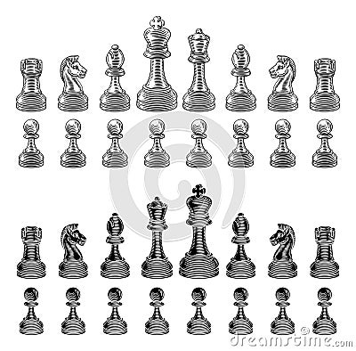 Chess Pieces Set Vintage Woodcut Style Vector Illustration