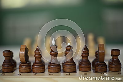 Chess pieces on table. Chess Tournament. Ancient Strategy Stock Photo