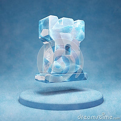 Chess Rook icon. Cracked blue Ice Chess Rook symbol on blue snow podium Stock Photo