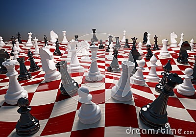 Chess white and black on the waving chess field Stock Photo