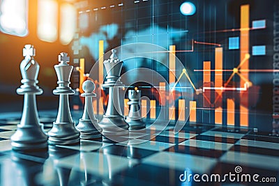 A chessboard with analytical graphs and charts in the background representing the link between strategy and analysis Stock Photo