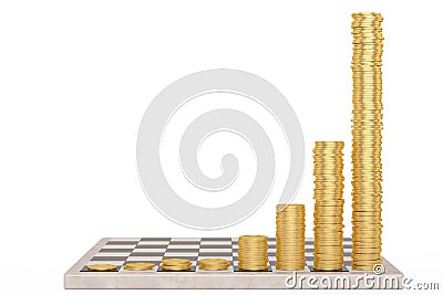Chessboard with growing height coins stacks exponential growth and compound interest concept 3D illustration Cartoon Illustration