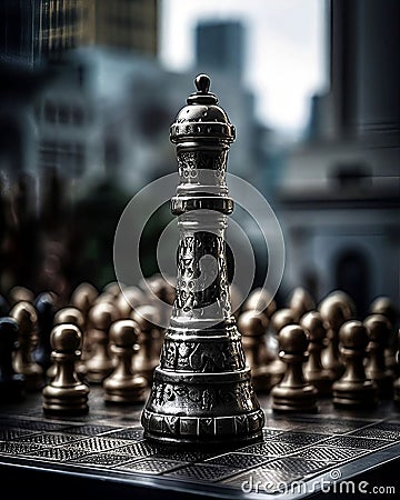 Chessboard pieces on a table in a city, AI-generated. Stock Photo