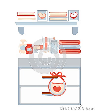 Chest of drawers with cosmetics and books on shelves Vector Illustration