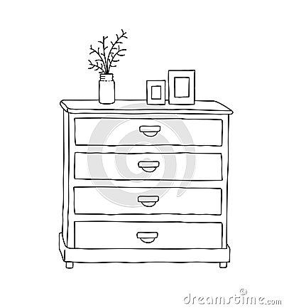 Chest of drawers doodle, hand drawn vector illustration of drawers table furniture with flower pot and photo frames on top of it Vector Illustration