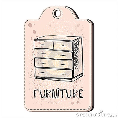 Chest of drawers in the style of a linear pattern on the tag for sale. Furniture. vector illustration Vector Illustration