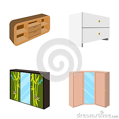 Chest of drawers, wardrobe with mirror, corner cabinet, white chest. Bedroom furniture set collection icons in cartoon Vector Illustration