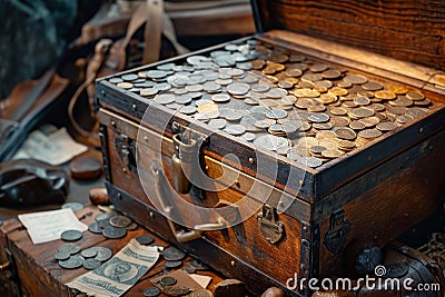 A chest filled with a large quantity of coins, showcasing wealth and abundance, Treasure chest overflowing with coins and Stock Photo