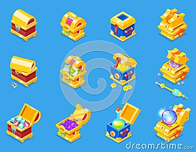 Chest icon isometric vector treasure box with gold money wealth or wooden pirate chests with golden coins and ancient Vector Illustration