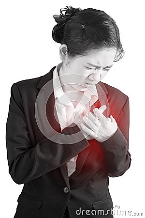 Chest pain or asthma in a woman isolated on white background. Clipping path on white background. Stock Photo