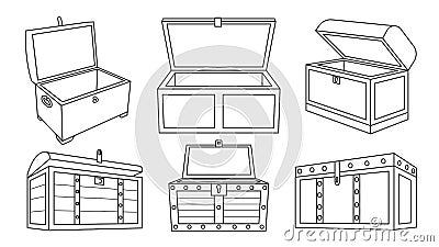 Chest treasure outline vector set icon. Vector illustration on wooden box of gold white background. Isolated vector outline set Vector Illustration