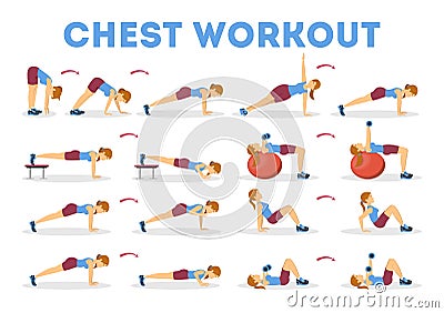 Chest workout set. Collection of exercise for arm Vector Illustration