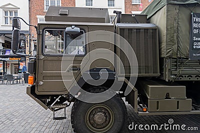 CHESTER, UK - 26TH JUNE 2019: An army HX60 4x4 truck stationed in Chester City to recruit for the British Army Editorial Stock Photo