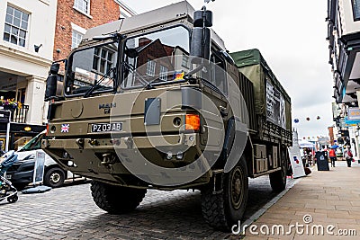 CHESTER, UK - 26TH JUNE 2019: An army HX60 4x4 truck stationed in Chester City to recruit for the British Army Editorial Stock Photo