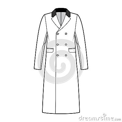 Chesterfield overcoat technical fashion illustration with double breasted, knee length, velvet notched collar. Flat Vector Illustration