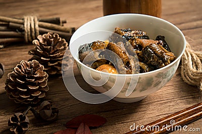 Chestnut fried with finless eel, homemade food Stock Photo