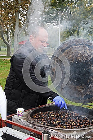 Chestnut seller,lake Bundek by autumn,Zagreb,Croatia Editorial Stock Photo